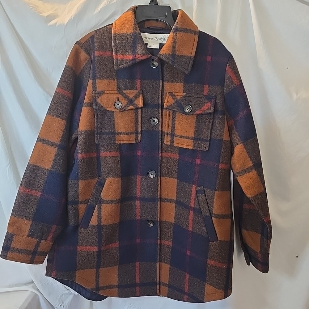 Treasure & Bond Plaid Long Shacket Coat Jacket Lined Size L Boho